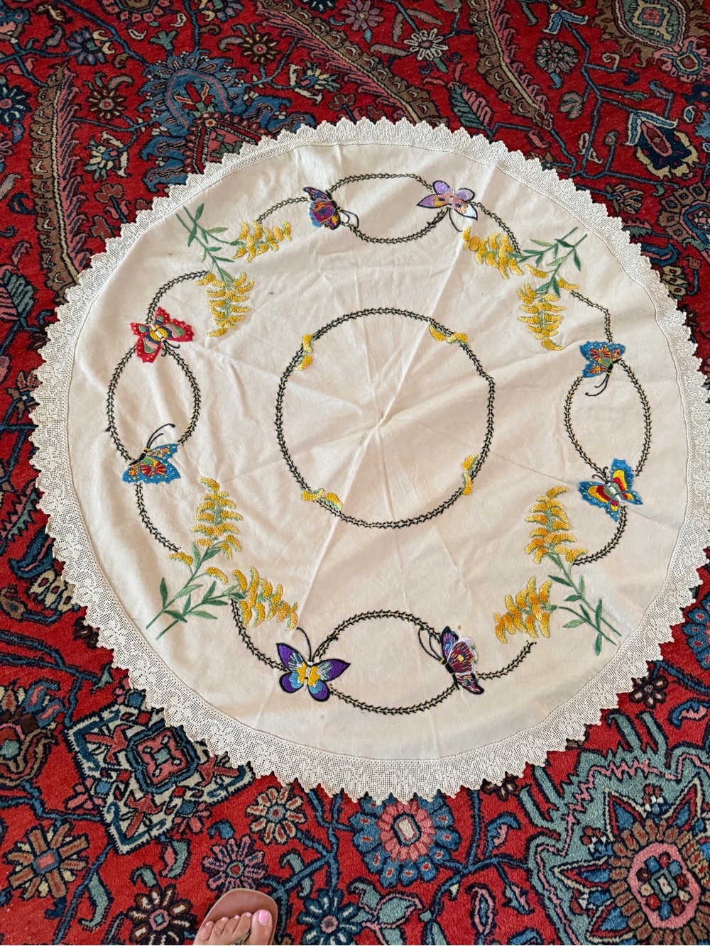 Embroidered Butterfly & Floral Round Tablecloth in Cream and Yellow